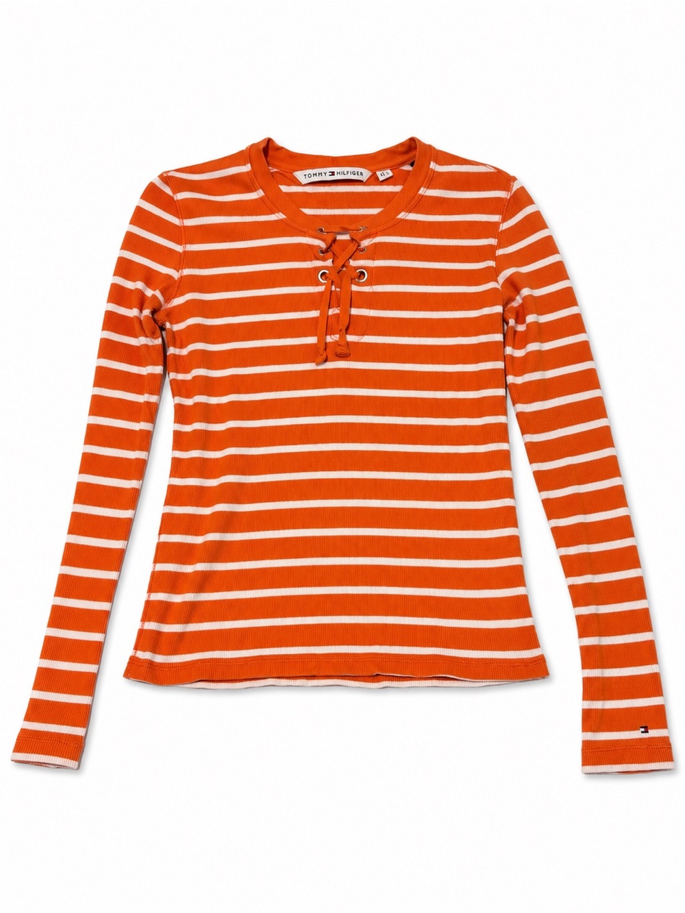 Tommy Hilfiger Orange & White Striped Lace-Up Sweater – Size S/P